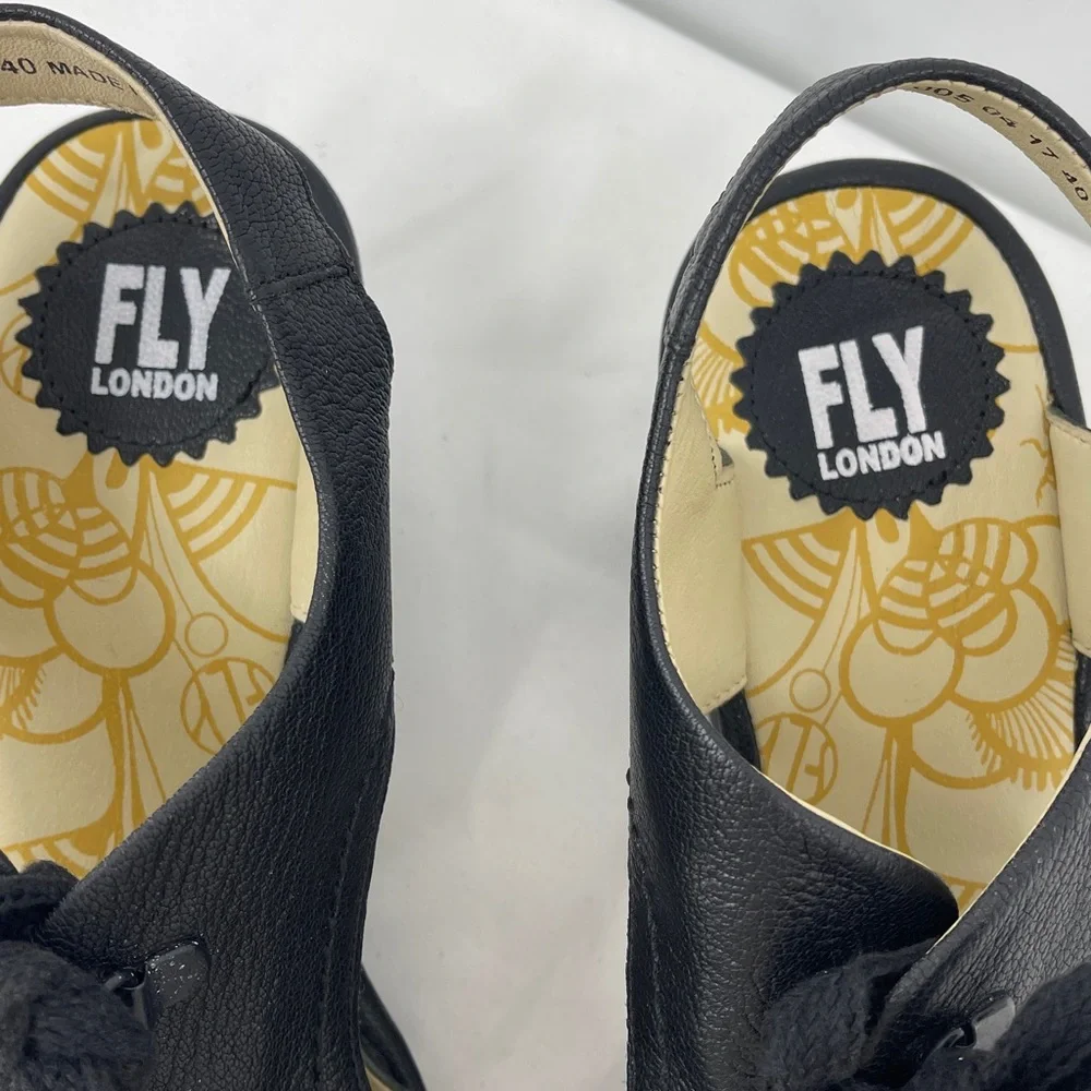 FLY LONDON SIZE 40 Black Women's Wedge Sandals Lace up OPEN TOE MADE IN INDIA